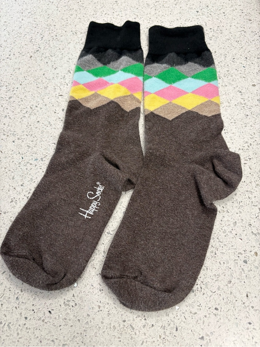 Happy Socks Brown Argyle Crew Socks with Green, Pink & Yellow Diamonds